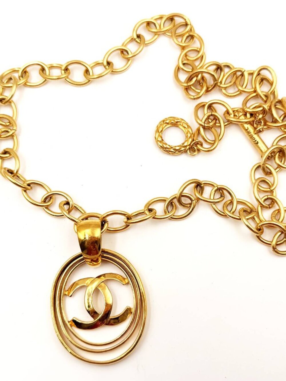 Chanel Vintage Gold Plated CC 3 Rings Large Pendant Chain Long Necklace